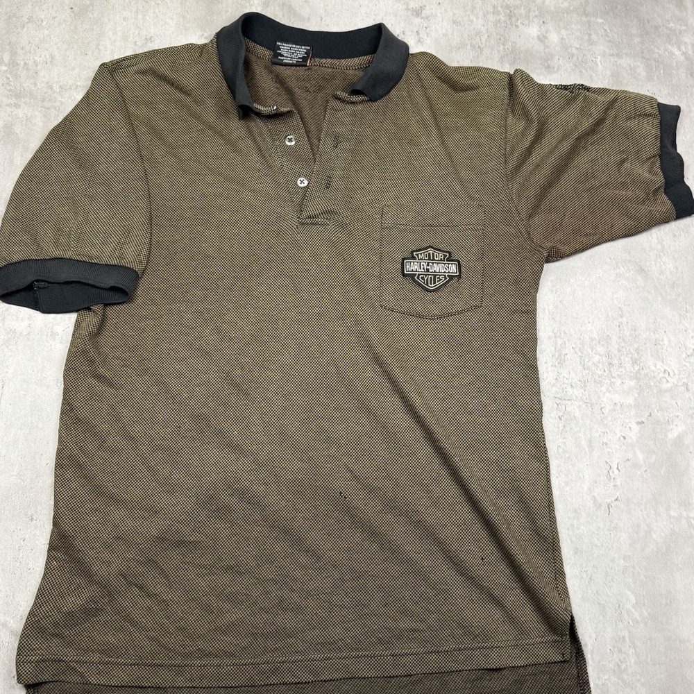 Harley-Davidson Men's Polo Knit Brown Black Checkered Soft Patch Size M Vintage